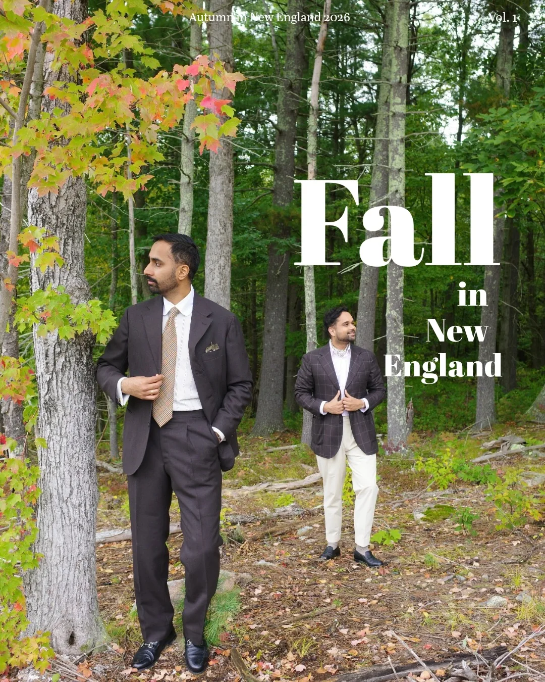 Gagandeep and Gurkaranveer in tailored autumn looks among the trees in New England