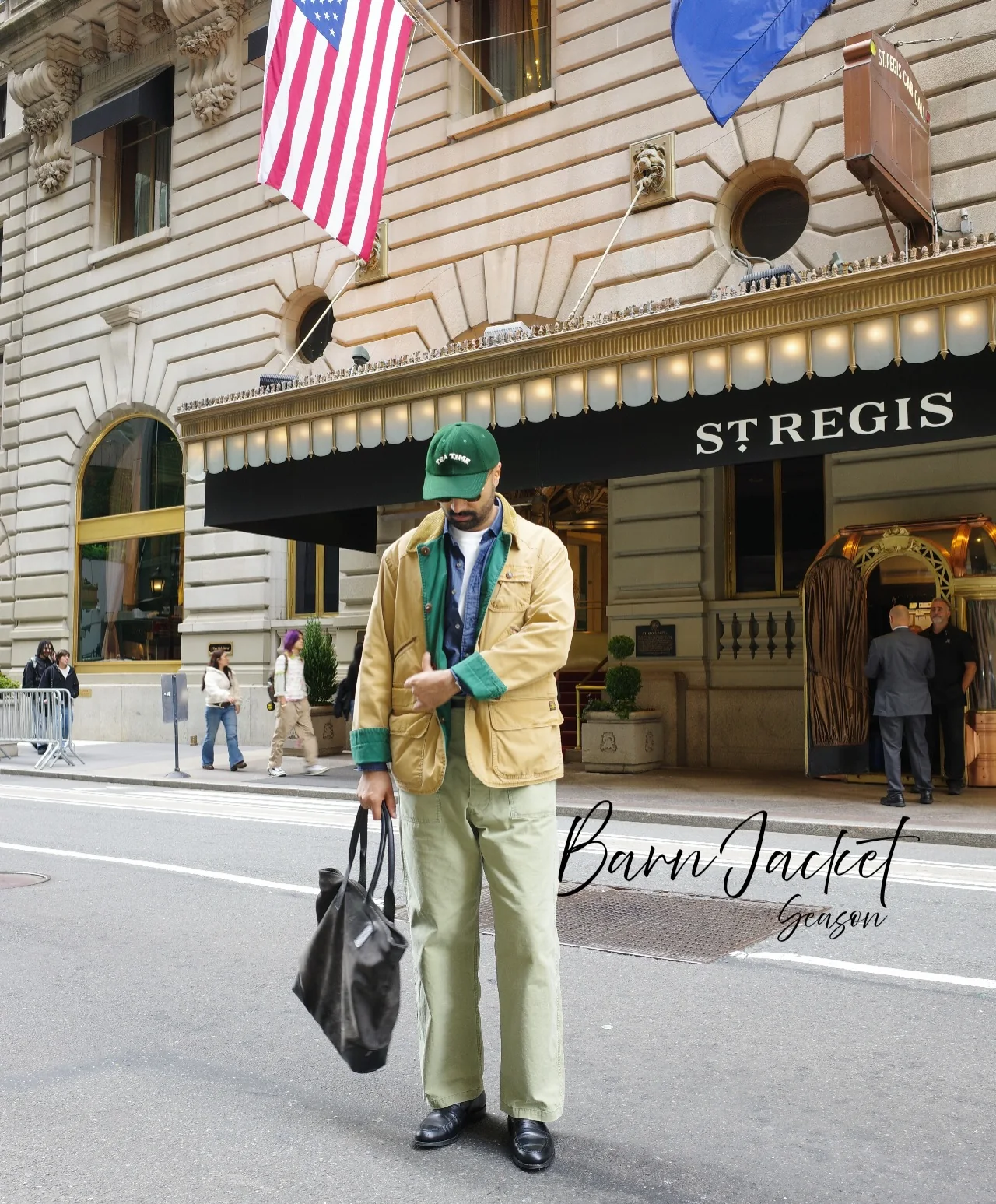 A tan barn jacket look worn outside the St. Regis in Midtown Manhattan
