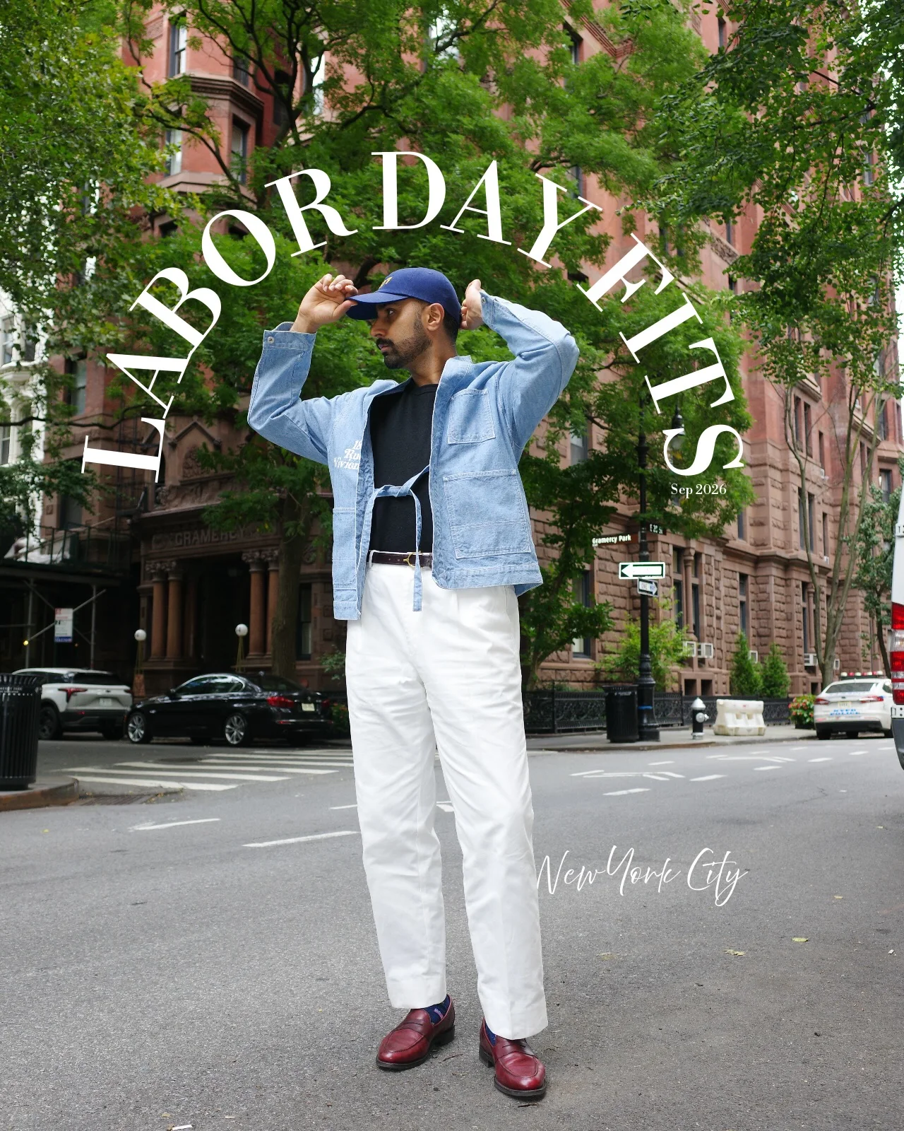 A blue kimono jacket and white trouser look on a New York City street